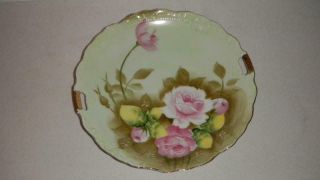 Lefton China Vintage Handled Cake Plate Heritage Green With Pink Roses
