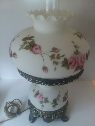 White Floral Roses Hand Painted 3 Way Vintage Gwtw Table Lamp