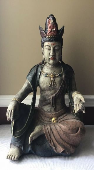 Large Old Vintage/ Antique Seated Hand Painted Chalkware Buddha,  24 1/2”