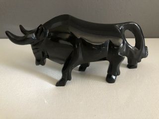 Vintage Hand Carved Onyx Bull Marble Black Mexico Figurine Sculpture 7”x 3” Tall