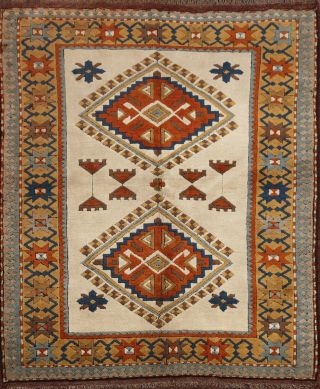 Vintage Geometric Anatolian Turkish Area Rug Hand - Knotted Wool Carpet 5x5 Square