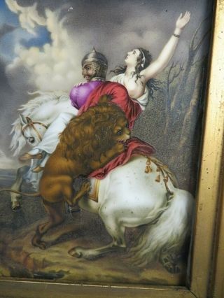 Antique Late 19thc German Hand Painted Porcelain Plaque - Horse,  Lion,  Warrior
