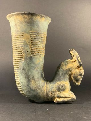Very Large Ancient Persian Bronze Rhyton With Intact Horned Ram Head C.  400bce