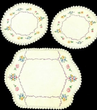Vintage Set Of 3 Hand Embroidered With Crochet Lace Trim Doilies Purple Gold