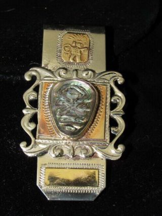 Signed Vintage Aztec Taxco Sterling Silver Abalone Inlay Money Clip