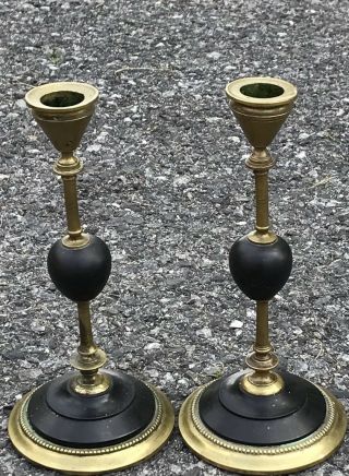 Lovely 19th Century French Empire Style Brass And Slate Candlesticks