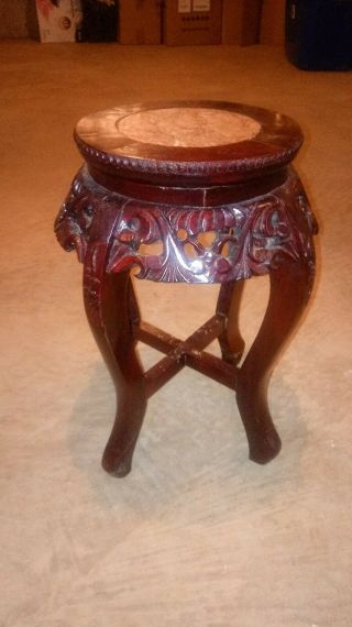 Antique Chinese Carved Wood Plant Stand / Side Table With Recessed Marble Top