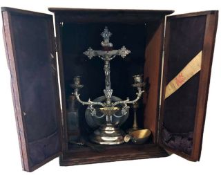 Antique Catholic Last Rites Sick Call Box Candelabra,  Cross,  Holy Water Bottle