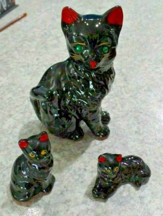 3 Vtg Japan Redware Black Cat Green Gem Eyes & Kittens Figurines 1950 