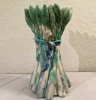 Rare Antique French Majolica Asparagus Bunch Vase W/bow Ceramic Planter Green