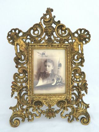 Antique Victorian Solid Brass Picture Frame W/ Easel Back Cherubs Ribbons Shells