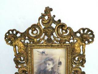 Antique Victorian Solid Brass Picture Frame w/ Easel Back Cherubs Ribbons Shells 2