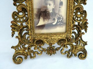 Antique Victorian Solid Brass Picture Frame w/ Easel Back Cherubs Ribbons Shells 3