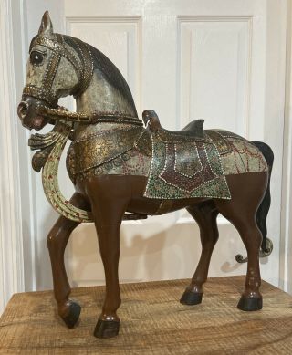Antique Large Hand Painted Carved Wood Tang Dynasty Style War Horse Figurine