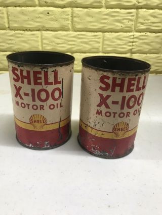 Vintage Pair Shell X - 100 Motor Oil Can Quart Gas Service Station Tin Barn Decor