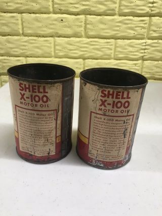 Vintage Pair SHELL X - 100 Motor Oil Can Quart Gas Service Station Tin Barn Decor 3