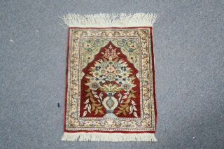 Vintage Silk Turkish Hereke Hand Knotted Prayer Meditation Rug Mat 13 " X 16 " Red