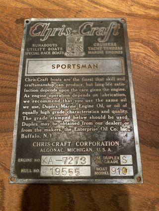 Vintage 1938 Chris Craft Boat Engine Data Plate Emblem Plaque Sportsman