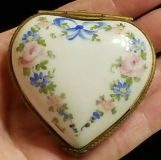Vintage Limoges France Hand Painted Heart Shape Trinket Box Roses Signed Paul