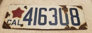 Vintage 1919 Porcelain California License Plate With Star With Matching Numbers