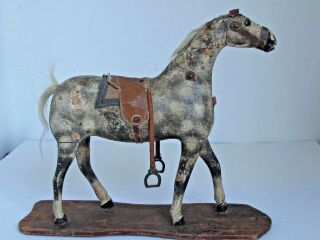 Antique Pull Toy Horse On Wooden Platform With Horse Blanket And Saddle 15 " Long