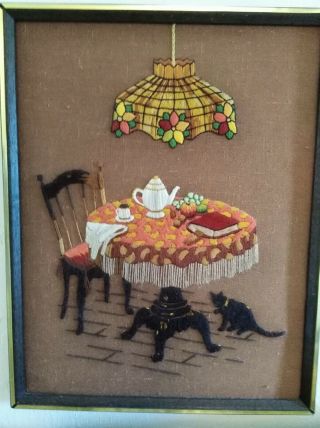 Vintage 70s Framed Completed Crewel Embroidery Tea Set Tiffany Lamp Kitten 15x19