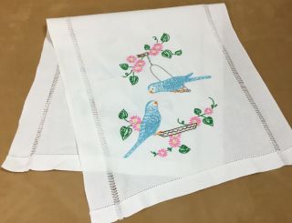 Vintage Table Runner Or Dresser Scarf,  Embroidered Birds,  Flowers,  Leaves Cotton
