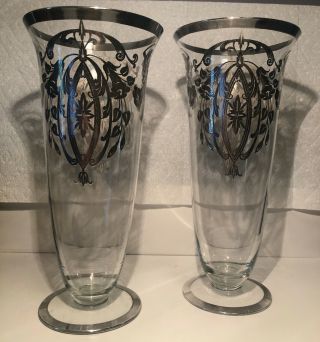 11 " Sterling Silver And Glass Trumpet Vase.  Antique Vase.  Vintage Vase Two Vases