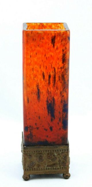 French art deco,  Pate de Verre glass Vase,  square form in metal mount,  Schneider 2
