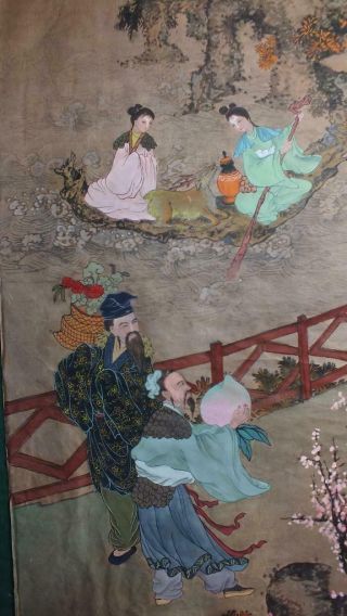 Antique Chinese Watercolour Painting,  Ladies,  Men,  Stag,  Bridge,  Offering (30)