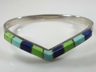Vintage Sterling Silver Taxco Mexico Cuff Bracelet With Turquoise & Lapis Stones