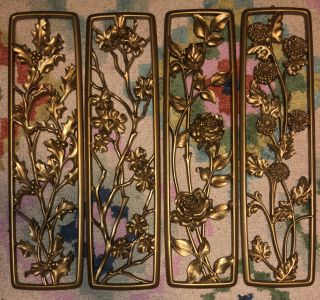Old Vtg 1954 Dart Ind.  4 Seasons Floral Wall Plaques Gold Hangings Mid - Century