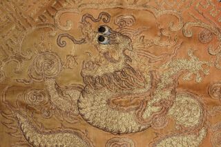 Antique Chinese 19th Century Silk Embroidered Gold Thread Dragon Panel