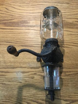 Antique Arcade Crystal Coffee Grinder Mill With Catch Cup Cast Iron