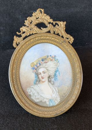 Antique Signed Hand Painted Portrait Marie Antoinette Fancy French Oval Frame