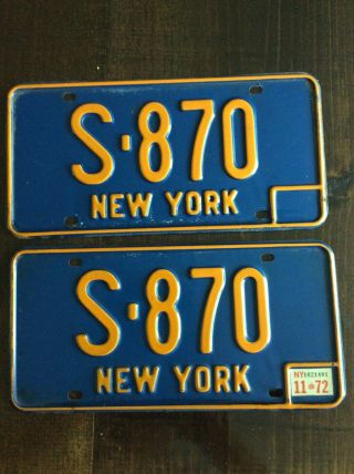 Pair 1972 York License Plate Tag S 870 Ny Blue Orange Shape Look