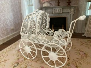 Vintage Miniature Dollhouse White Wicker Metal Baby Carriage Pram Stroller
