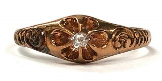 Victorian Antique 10k Rose Gold & Old Mine Cut Diamond Hand - Chased Ring - 6.  75
