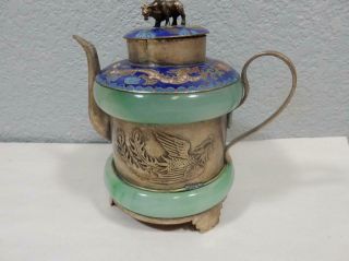 Rare Antique Chinese Silver Enamel & Jade,  Small Teapot Signed On Base