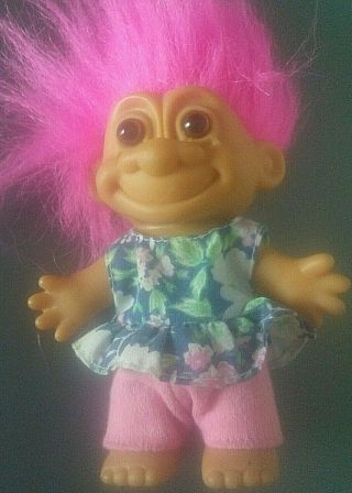 Vintage Russ Troll Doll 4 " Tall Pink Hair Flower Dress