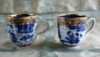 Gilded Qing Period Underglaze Blue Chinese Export Coffee Cans C.  1840