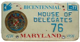 Maryland Bicentennial House Of Delegates License Plate,  76,  Government Political