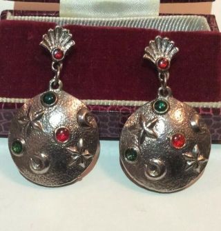 Vintage 80s 90s Jewellery Silver Tone Pewter Moon Stars Glass Cabochon Earrings