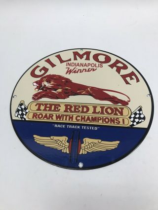 Vtg Gilmore Red Lion Advertising Porcelain Pump Plate Sign Indy 500 Gas & Oil