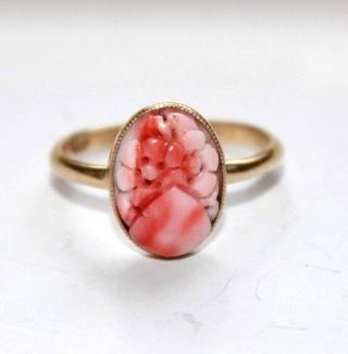 Stunning Antique Art Deco Large Flower Carved Coral 9 Ct Gold Ring Size T