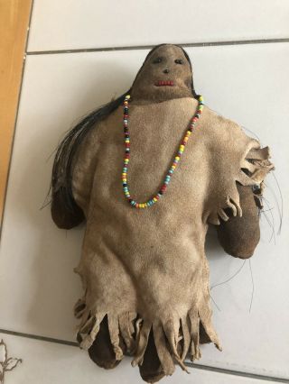 Vintage 6” Native American Indian Girl Doll With Leather & Beads & Dress