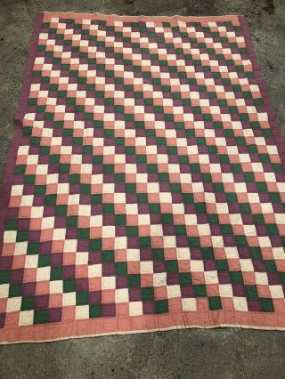 Vintage Hand Sewn Quilt 54” X 76” Square Pattern Pink White Purple