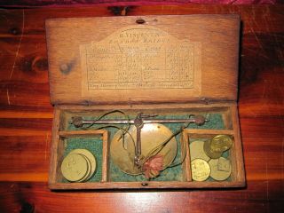 Antique 19th C.  Gold Rush Civil War Apothecary Balance Scale In Engraved Wood Box