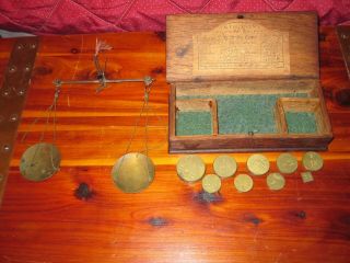Antique 19th C.  Gold Rush Civil War Apothecary Balance Scale In Engraved Wood Box 3
