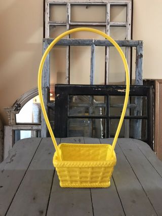 Vtg Plastic Yellow Easter Baskets - Long Tall Handle - Molded Wicker Mid Century